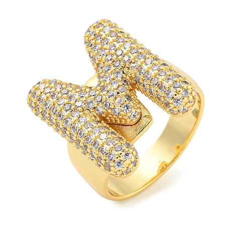 Brass Micro Pave Clear Cubic Zirconia Letter Open Cuff Ring for Women RJEW-M173-01G-M-1