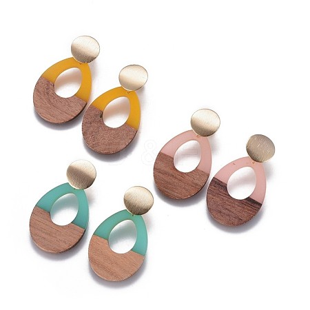 Teardrop Resin & Wood Stud Earrings EJEW-JE03000-M-1