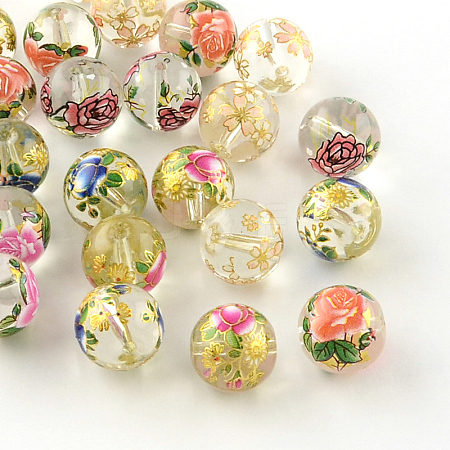Rose Flower Pattern Printed Round Glass Beads GFB-R004-12mm-U-1