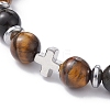 Natural Tiger Eye & Obsidian Round & Brass Cross Braided Bead Bracelets BJEW-JB09704-01-3