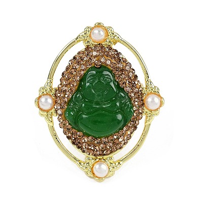 Oval with Buddha Brass Glass Finger Rings RJEW-P128-01G-1