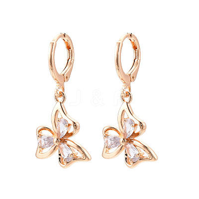 Flower Brass Micro Pave Cubic Zirconia Dangle Leverback Earrings EJEW-N058-09G-1