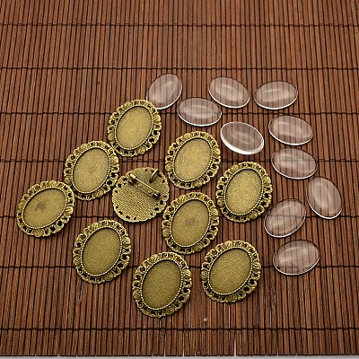 25x18mm Transparent Glass Cabochons and Vintage Alloy Brooch Cabochon Bezel Settings DIY-X0187-AB-NF-1