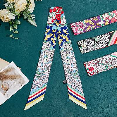 8Pcs 4 Colors Flower Pattern Imitated Silk Fabric Scarf for Women Girls AJEW-GO0004-18-1