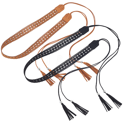 2Pcs 2 Colors Bohemian Imitation Leather Tassel Wrap Chain Belts AJEW-CL0003-47A-1