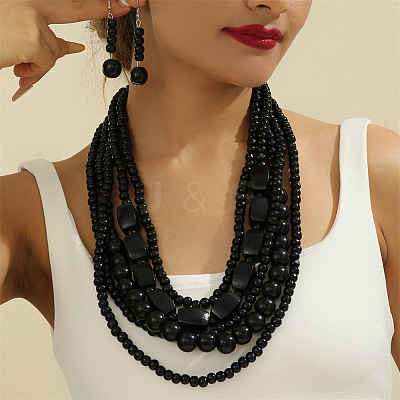 Wood Beaded Multilayer Necklaces & Dangle Earrings Sets WG1A9CE-07-1