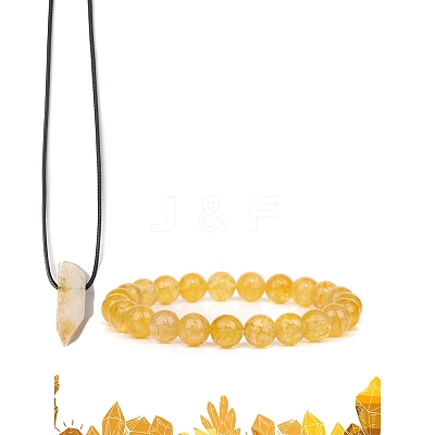 Natural Citrine Beads Stretch Bracelets & Pendant Necklaces Sets for Men PW-WGF85DB-05-1