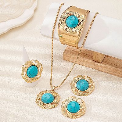 Round Alloy & Synthetic Turquoise Pendant Necklace & Stud Earring & Cuff Bangle & Rings Sets FS-WG9CCFC-01-1