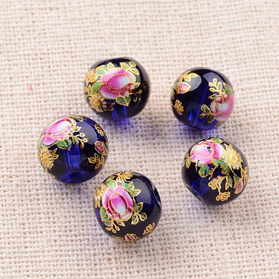 Flower Picture Printed Glass Round Beads GLAA-J087-10mm-A06-1