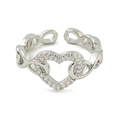 Heart Brass Micro Pave Clear Cubic Zirconia Hollow Open Cuff Rings for Women RJEW-M016-04P-1
