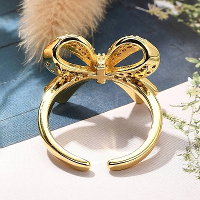 Rack Plating Brass Micro Pave Clear Cubic Zirconia Cuff Finger Rings for Women RJEW-M028-31G-03-1
