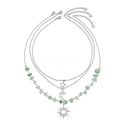 201 Stainless Steel Sun Moon Star Pendant Natural Green Aventurine & 304 Stainless Steel Link Chain 3 Layer Necklaces for Women NJEW-JN05470-03-1