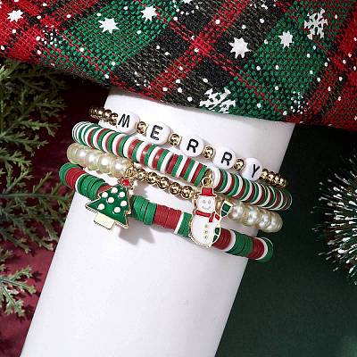 4Pcs 4 Style Polymer Clay Stretch Bracelets Set BJEW-TA00496-1