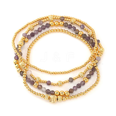 4Pcs 4 Styles Natural Amethyst & Brass Round Beads Stretch Bracelets for Women NA2188-1-1
