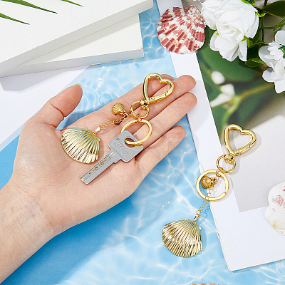 2Pcs Brass Shell Shape Pendant Keychains HJEW-HS00090-1