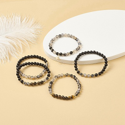 5Pcs 5 Style Natural Mixed Gemstone Round Beaded Stretch Bracelets Set BJEW-JB08829-1