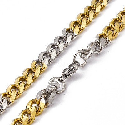 Two Tone PVD Vacuum Plating 201 Stainless Steel Cuban Link Chain Necklace with 304 Stainless Steel Clasps for Men Women NJEW-M194-01D-GP-1