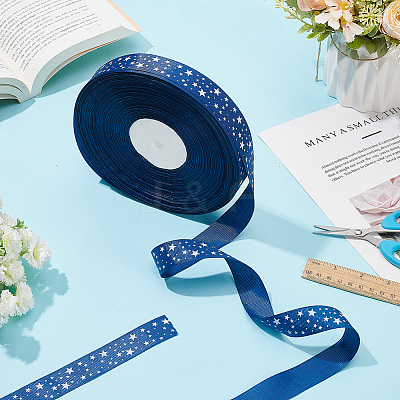 100 Yards Star Print Polyester Grosgrain Ribbon OCOR-WH0088-76-1