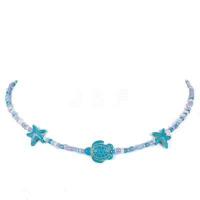 Synthetic Turquoise Starfish & Turtle & Seed Beaded Necklace for Women NJEW-JN04482-01-1