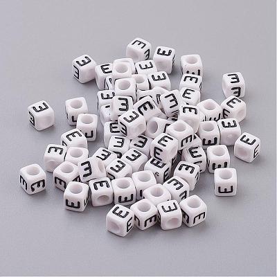 White Letter E Cube Acrylic Beads X-PL37C9308-E-1