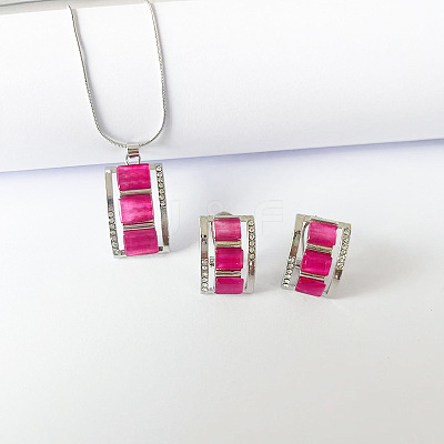 Rectangle Alloy & Cat Eye & Crystal Rhinestone Pendant Necklace & Stud Earring Sets FS-WG998B2-03-1