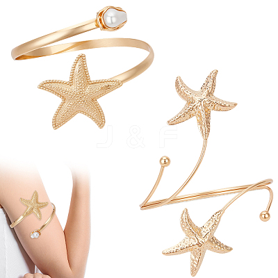 1Pc Alloy with Plastic Pearl Arm Cuff Bangles for Women BJEW-CY0001-14G-1