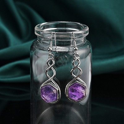 Hexagon Natural Amethyst Dangle Earrings EJEW-K298-01P-01-1