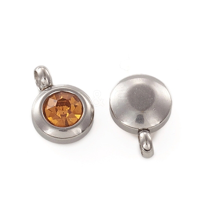 Trendy Original Color 304 Stainless Steel Grade A Rhinestone Flat Round Charm Pendants RB-M030-06G-1