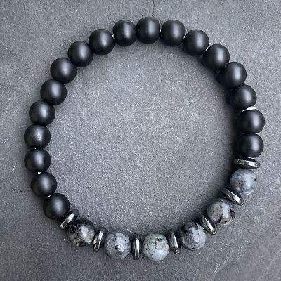 Natural Labradorite & Matte Black Obsidian Round Beads Stretch Bracelets for Men Women LS-UT1293-4-1