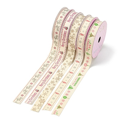 5 Rolls 5 Patterns Single Face Printed Cotton Satin Ribbons OCOR-YW0001-04-1