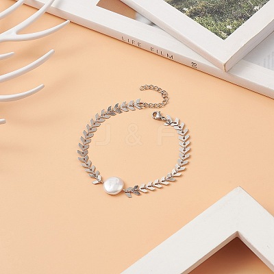 Natural Pearl Link Bracelet with 304 Stainless Steel Cobs Chains for Women BJEW-TA00214-1