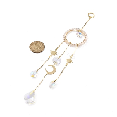 Natural Rose Quartz Woven Net/Web with Feather Window Hanging Suncatchers HJEW-JM00852-01-1