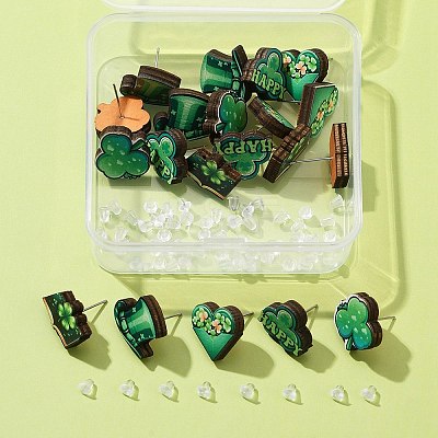 20Pcs 5 Style Saint Patrick's Day Green Wood Stud Earrings EJEW-FS0001-11-1