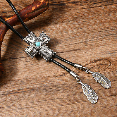 Alloy with Synthetic Turquoise Pendant Waxed Cord Bolo Tie Lariat Necklaces FS-WGCCEF8-07-1