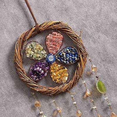 Copper Wire Wrapped Flower Natural & Synthetic Mixed Stone Chips Suncatchers HJEW-F027-05-1