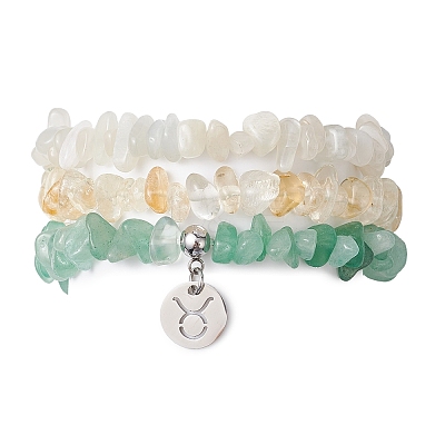 3Pcs 3 Styles Natural White Moonstone & Citrine & Green Aventurine Chips Stretch Bracelets Sets BJEW-JB11076-04-1