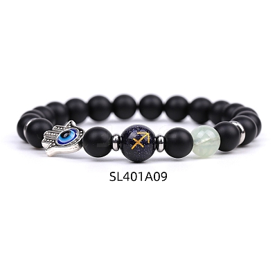 Natural Dyed & Heated Black Agate & Prehnite Stretch Bracelets PW-WG62314-09-1
