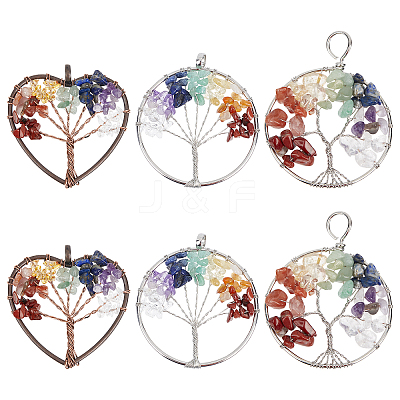 6Pcs 3 Styles 7 Chakra Tree of Life Gemstone Big Pendants G-SC0002-36-1