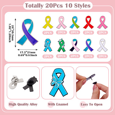 20Pcs 10 Styles Awareness Ribbon Enamel Pin JEWB-TA0001-39-1