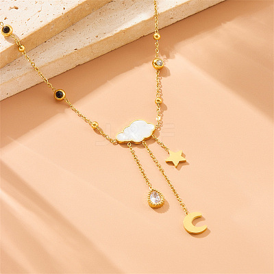 304 Stainless Steel Pave Clear Cubic Zirconia with Natural White Shell Cloud with Moon Star Tassel Pendant Necklaces for Women FS-WG2EBDD-01-1