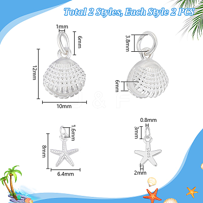 4Pcs 2 Styles Starfish/Shell Shape 925 Sterling Silver Sea Animal Charms STER-PH0003-43-1