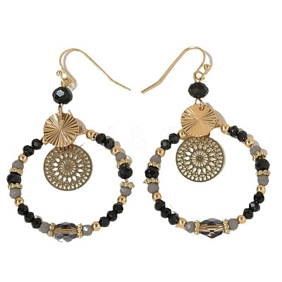 Brass Glass Flat Round with Rondelle Beaded Dangle Earrings FS-WG1FB0A-03-1