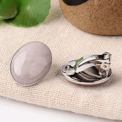 Natural Rose Quartz Oval Clip-on Earrings EJEW-J091-08-1