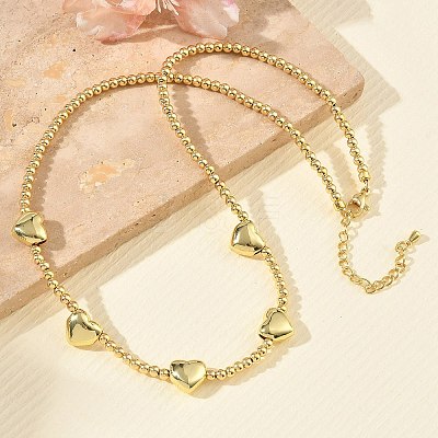 Brass Round Heart Beaded Necklaces NJEW-Z120-01G-1