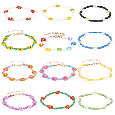12Pcs 12 Style Glass Seed Braided Flower Stretch Bracelets Set BJEW-AN0001-14-1
