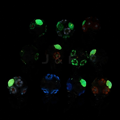 Luminous Glow in the Dark Polymer Clay Pave Rhinestone Round Beads with Resin Flower CLAY-D007-03-1