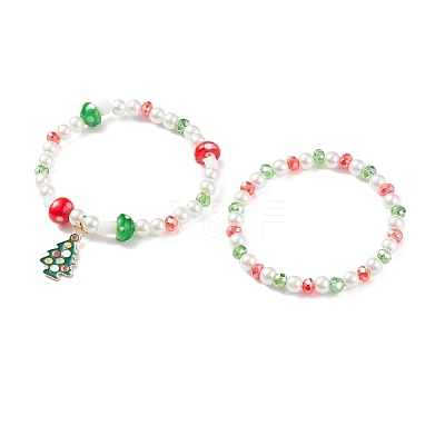 2Pcs 2 Style Glass Pearl & Lampwork Mushroom Beaded Stretch Bracelets Set with Alloy Enamel Christmas Charm for Women BJEW-JB08395-1
