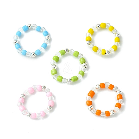 5Pcs 5 Colors Acrylic & Glass Seed Beaded Stretch Rings Set RJEW-JR00594-S-1
