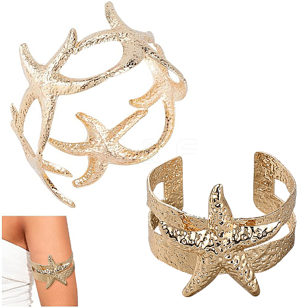 2Pcs 2 Styles  Starfish Alloy Arm Cuff Bangles for Girl Women BJEW-CY0001-05G-1