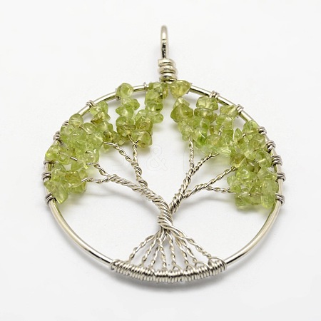 Tree of Life Natural Peridot Bead Brass Wire Wrapped Big Pendants KK-L136-01B-NR-1